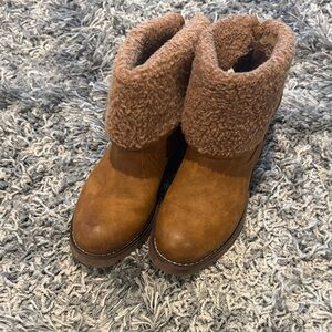 Olivia Miller Tan Suede Shearling Cuff Ankle Boots
